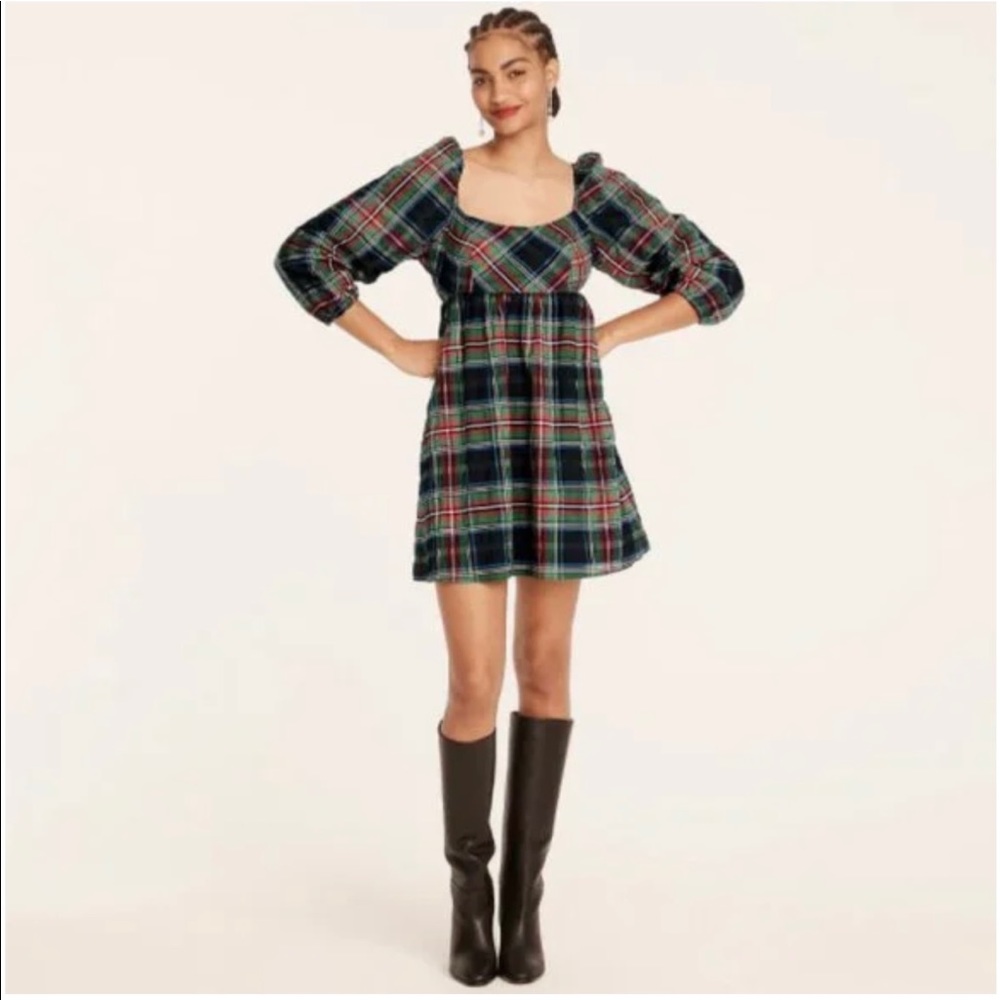 J. Crew Christie Puff Sleeve Dress in Steward Tartan Plaid
